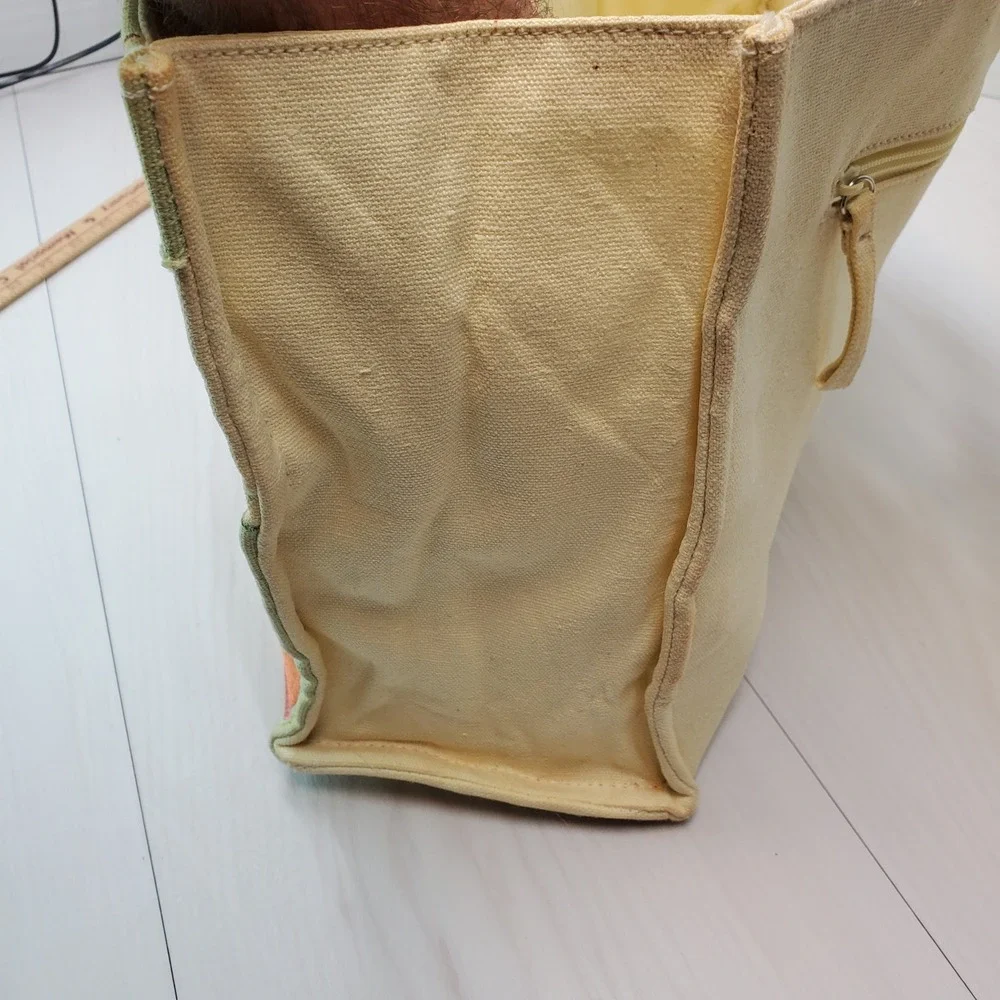 Canvas Tote Bag Embroidered Dog‎ Garden Scene Yellow Handles Snap Closure